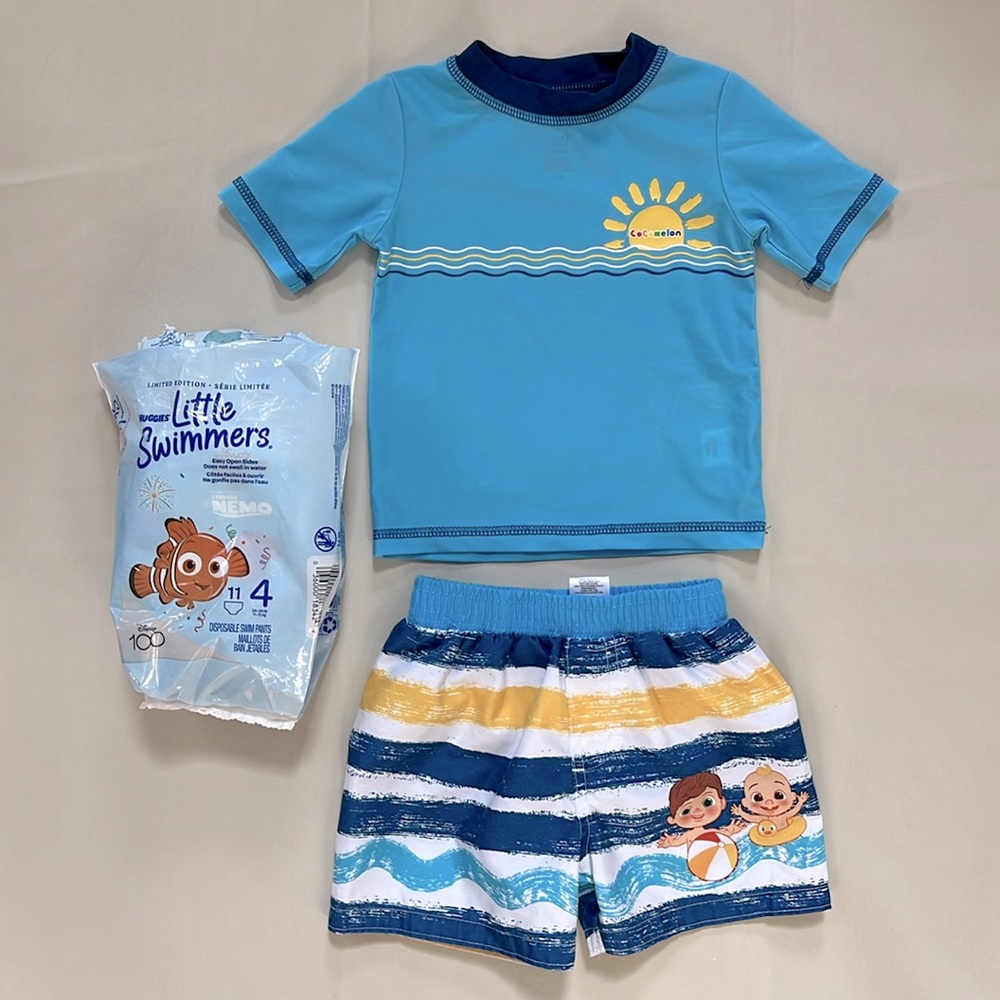 Cocomelon, toddler rash guard with swim trunks, 12 months + swim diapers size 4